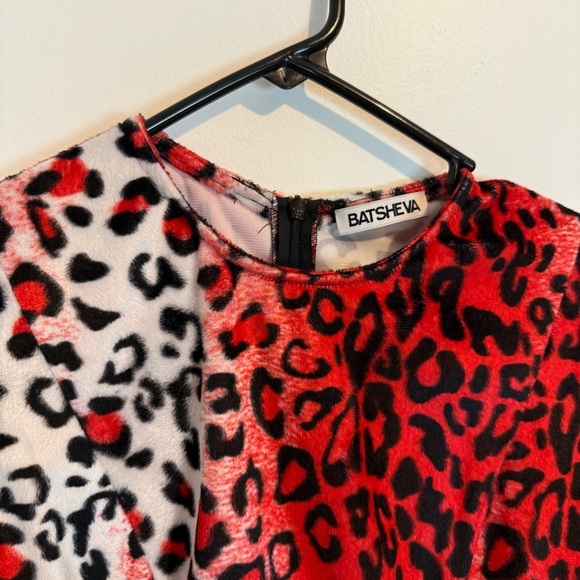 BATSHEVA RUFFLED LEOPARD PRINT VELVET DRESS RED WHITE LONG SLEEVE SZ 8 POCKETS - Picture 4 of 9